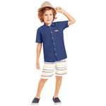 Conjunto Camisa Azul Marinho Malha tipo jeans E Bermuda Linho Off White Listras Marlan