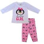 Conjunto bebê blusa branca pinguim e calça legging rosa estampada 