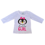 Conjunto bebê blusa branca pinguim e calça legging rosa estampada 