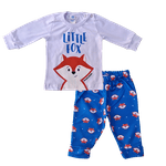 Conjunto bebê camiseta branca raposa e calça azul estampada 