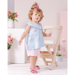 Conjunto batinha listras azul bebê e short sarja rosa Sonho Mágico