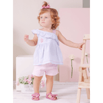 Conjunto batinha listras azul bebê e short sarja rosa Sonho Mágico