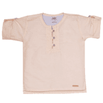 Conjunto camisa bege listras e bermuda sarja azul claro triângulos Sonho Mágico