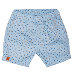 Conjunto camisa bege listras e bermuda sarja azul claro triângulos Sonho Mágico