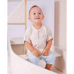 Conjunto camisa bege listras e bermuda sarja azul claro triângulos Sonho Mágico