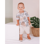 Conjunto camisa off white folhagem e bermuda linho natural Sonho Mágico