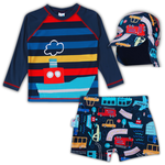 Trio praia bebê camiseta azul sunga e boné veículos Tip Top UV50+