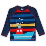 Trio praia bebê camiseta azul sunga e boné veículos Tip Top UV50+