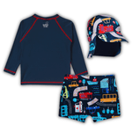 Trio praia bebê camiseta azul sunga e boné veículos Tip Top UV50+