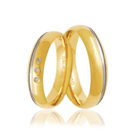 Par de Alianças de Bodas em Ouro 18K - Filete em Ouro Branco e 3 Diamantes