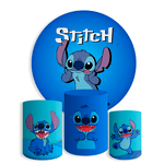 Kit Painel De Festa Stitch Alien Fofo Redondo + Trio De Cilindros Em Tecido