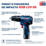 Bosch Parafusadeira Furadeira GSB 12V-30 Brushless 12V com 2 baterias, 1 carregador e maleta