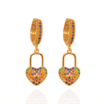 Brinco Argola Coração Cadeado Colorido Banho de Ouro 18K