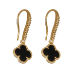 Brinco Argola Gancho Cravejado e Trevo Preto Banho de Ouro 18K
