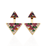 Brinco Ear Jacket Triângulos Coloridos Banho de Ouro 18K