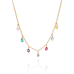 Colar Elo Português Com Gotas Penduradas De Zircônias Coloridas Semijoia Banho De Ouro 18k