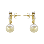 Brinco Base Oval Zircônia Incolor e Pérola Banho de Ouro 18K