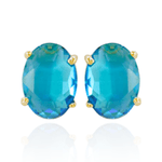 Brinco Oval Zircônia Azul Banho de Ouro 18K