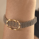 Pulseira Malha de Relógio com anel Dourado Semijoia Banho de Ródio