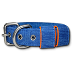 COLEIRA BABY PERSONALIZADA 3cm azul riscado com nome em laranja flúor 