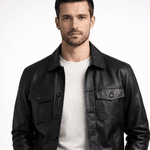 JAQUETA DE COURO PRETA ESTILO CAMISA RHOUKER