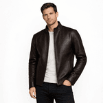 JAQUETA DE COURO CAFÉ CLÁSSICA GOLA PADRE RHOUKER