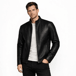 JAQUETA DE COURO PRETO CLÁSSICA GOLA PADRE RHOUKER