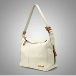 Bolsa Feminina Couro Legitimo Sacola Hobo Média Off white com Detalhes Caramelo Metais Dourados