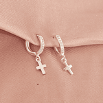 Argola Prata Legitima 925 Cravejada com Pingente Cruz Lisa 