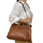Bolsas Femininas Couro Legítimo Lirom Alça Corrente Dourada Luxuosa Caramelo