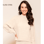 Blusa Malha Fio Pluma Trabalhada Manga Bufante Abenção Bege
