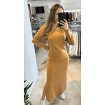 Vestido Longo Canelado Pluma Caramelo