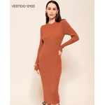Vestido de Malha Midi Canelado Marrom Médio Abenção 