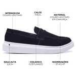 Sapato Loafer Guitte Slip On Azul Marinho Couro Legítimo Camurça