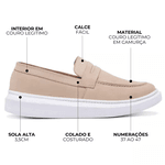 Sapato Loafer Guitte Slip On Bege Couro Legítimo Camurça