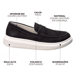 Sapato Loafer Guitte Slip On Preto Couro Legítimo Camurça