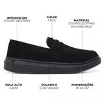 Sapato Loafer Guitte Slip On Preto Sola Preta Couro Legítimo Camurça