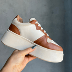 Tênis Feminino Casual Plataforma Detalhes Nylon Marrom/ Bege