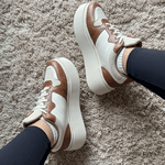 Tênis Feminino Casual Plataforma Detalhes Nylon Marrom/ Bege