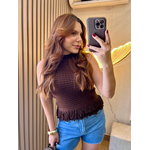 Blusa Tricot Com Franjas Marrom