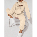 Conjunto Moletom Feminino Corações Confortável Elegante Inverno - Bege - Queima De Estoque