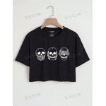 CROPPED Camiseta cortada estampa de caveirinhas - PRETO - QUEIMA DE ESTOQUE