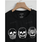 CROPPED Camiseta cortada estampa de caveirinhas - PRETO - QUEIMA DE ESTOQUE