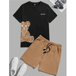 Camiseta Gráfica de Urso e Letras Estilo Anime para Homens e Shorts com Cordão na Cintura - PRETO/BEGE - QUEIMA DE ESTOQUE