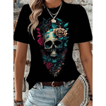 Camiseta Unissex Premium 100% Algodão Estampa Caveira Flores Florida Dark - PRETO - QUEIMA DE ESTOQUE