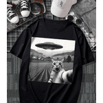 Camiseta casual masculina de manga curta com estampa de GATO DISCO VOADOR - PRETO - QUEIMA DE ESTOQUE