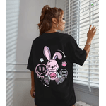 Camiseta de algodão estampada de coelhinha feminina, gola redonda, manga curta, top básico solto, camiseta casual - QUEIMA DE ESTOQUE