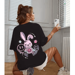 Camiseta de algodão estampada de coelhinha feminina, gola redonda, manga curta, top básico solto, camiseta casual - QUEIMA DE ESTOQUE