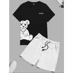 Camiseta Gráfica de Urso e Letras Estilo Anime para Homens e Shorts com Cordão na Cintura - PRETO/BRANCO - QUEIMA DE ESTOQUE