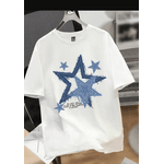 Manfinity Joysei Camiseta Básica Masculina com Gráfico de Estrela Branca de Gola Careca - BRANCO - QUEIMA DE ESTOQUE